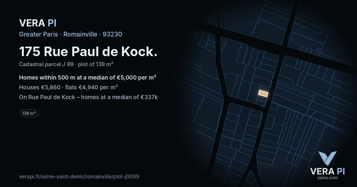 175 Rue Paul de Kock, Romainville at night – the plot lit, the parcels around coloured by the prices near them