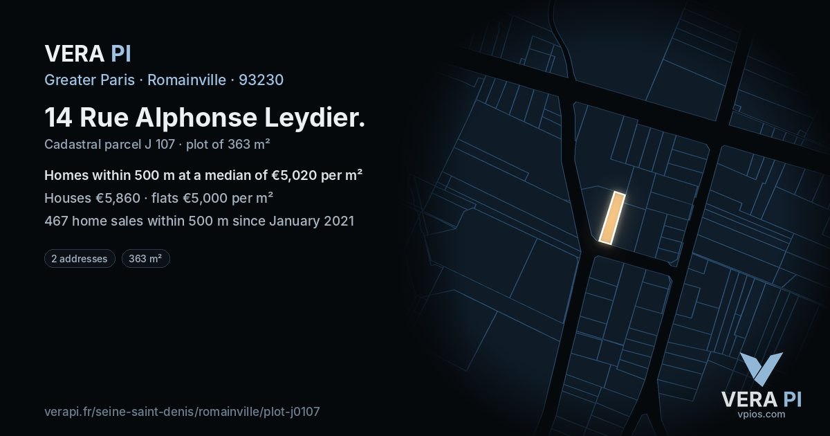 14 Rue Alphonse Leydier, Romainville at night – the plot lit, the parcels around coloured by the prices near them
