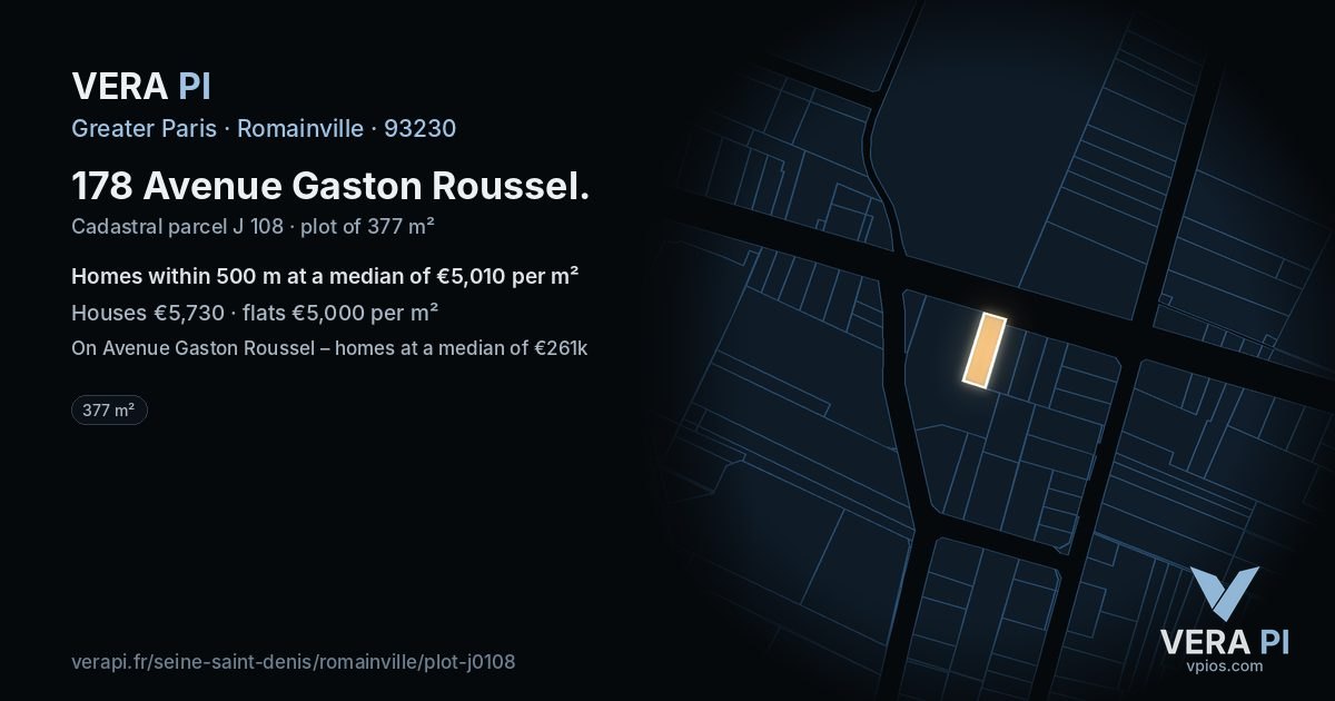178 Avenue Gaston Roussel, Romainville at night – the plot lit, the parcels around coloured by the prices near them