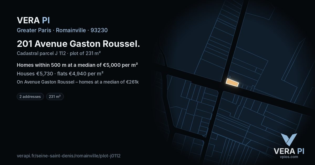 201 Avenue Gaston Roussel, Romainville at night – the plot lit, the parcels around coloured by the prices near them