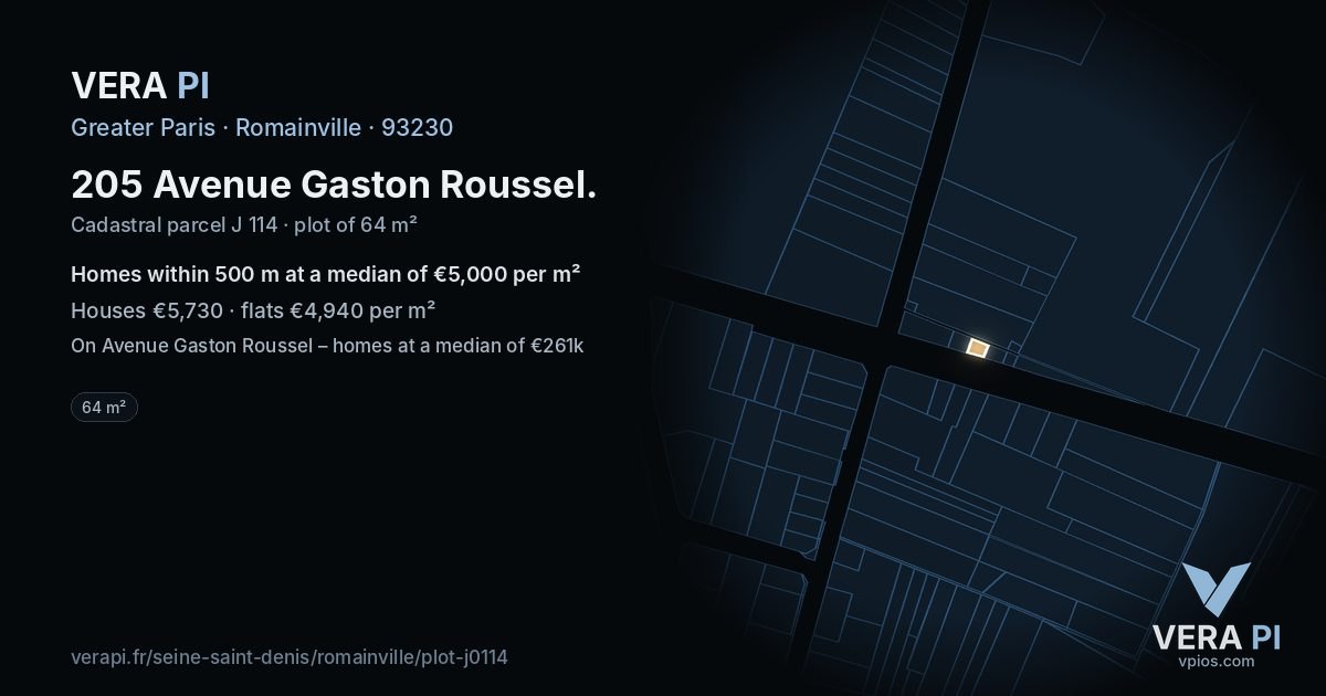 205 Avenue Gaston Roussel, Romainville at night – the plot lit, the parcels around coloured by the prices near them