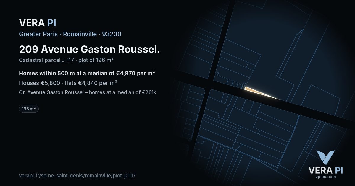 209 Avenue Gaston Roussel, Romainville at night – the plot lit, the parcels around coloured by the prices near them