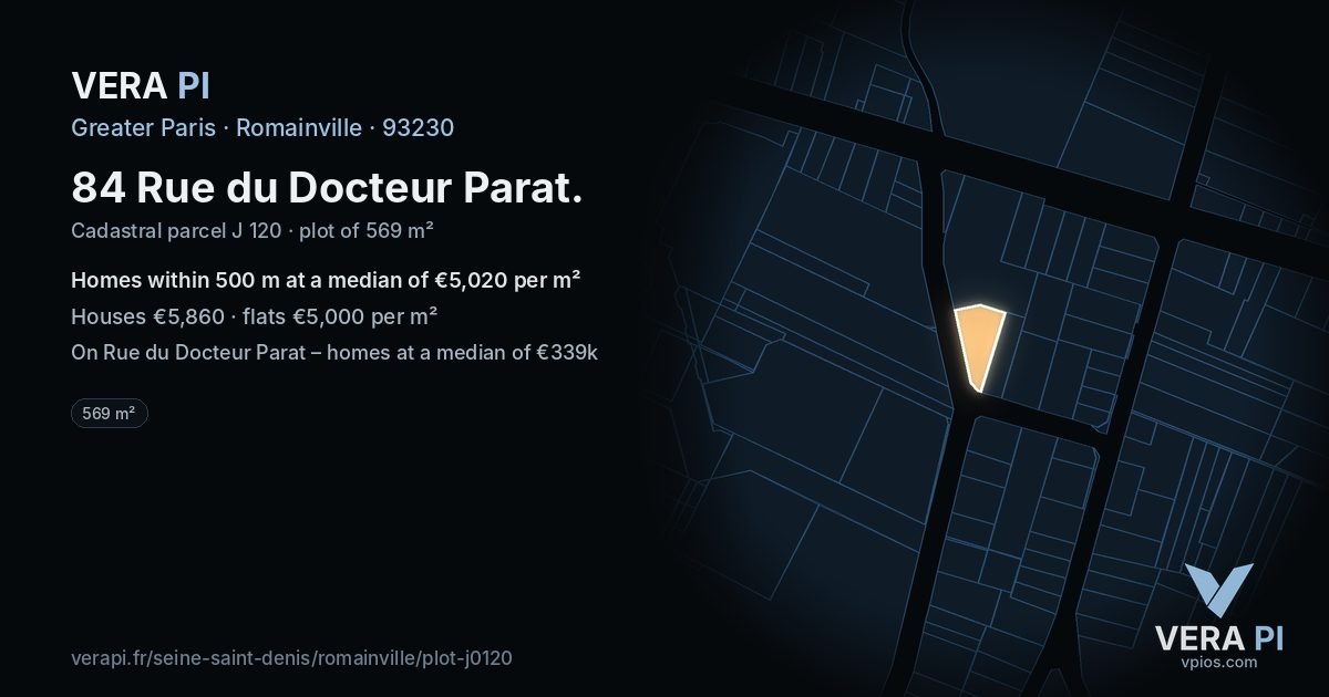 84 Rue du Docteur Parat, Romainville at night – the plot lit, the parcels around coloured by the prices near them