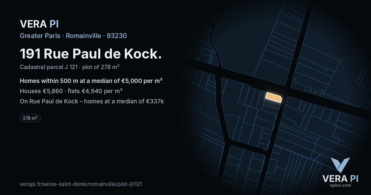 191 Rue Paul de Kock, Romainville at night – the plot lit, the parcels around coloured by the prices near them