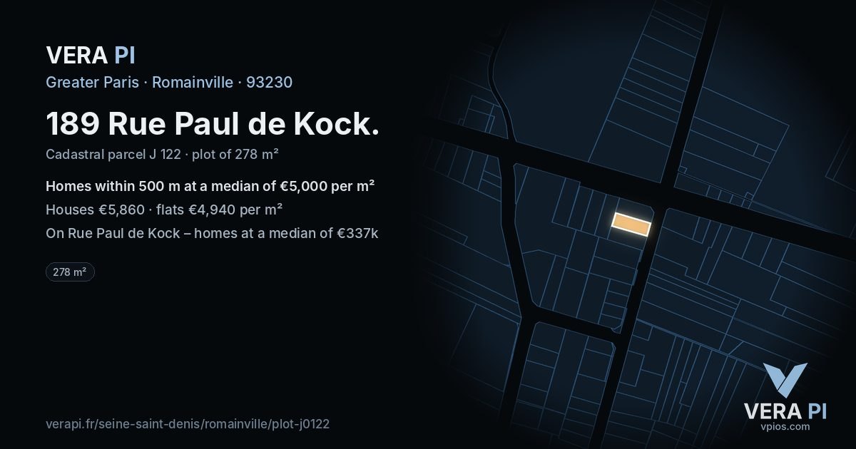 189 Rue Paul de Kock, Romainville at night – the plot lit, the parcels around coloured by the prices near them