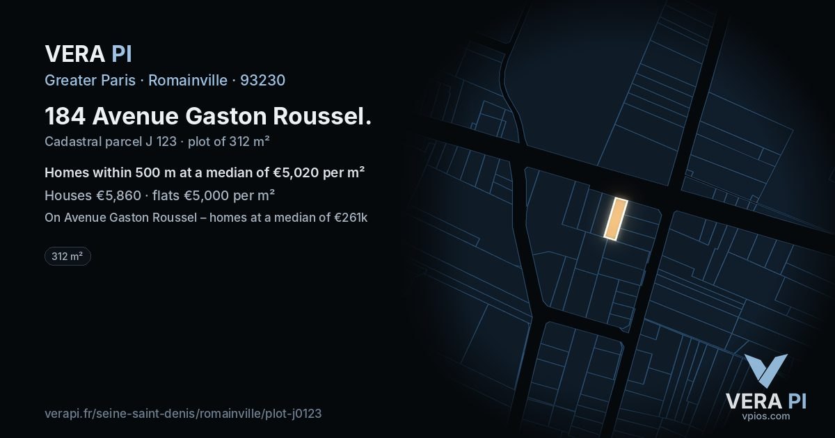 184 Avenue Gaston Roussel, Romainville at night – the plot lit, the parcels around coloured by the prices near them