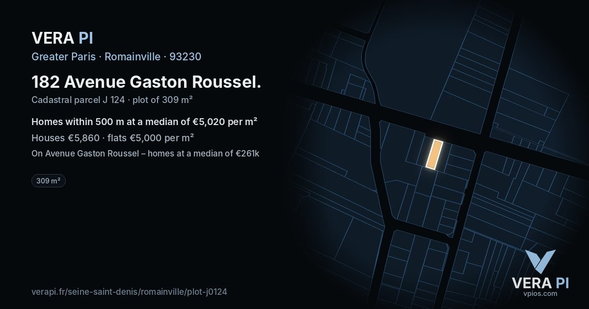 182 Avenue Gaston Roussel, Romainville at night – the plot lit, the parcels around coloured by the prices near them