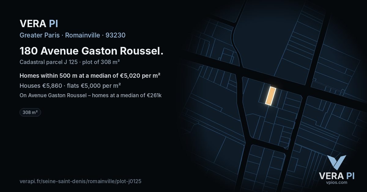 180 Avenue Gaston Roussel, Romainville at night – the plot lit, the parcels around coloured by the prices near them