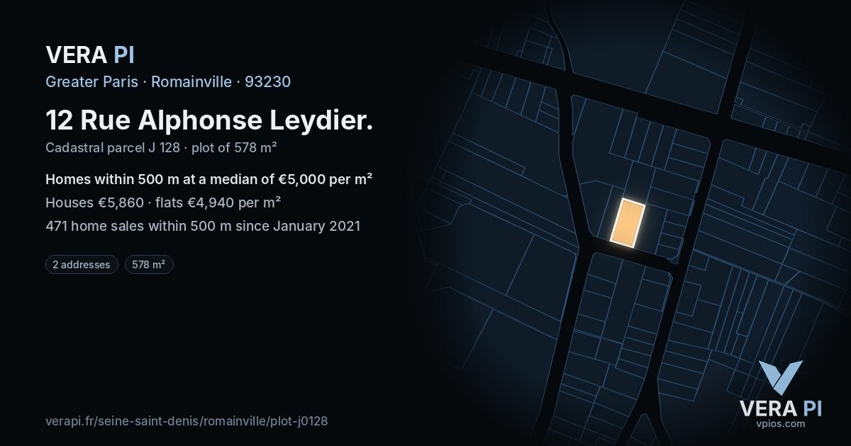 12 Rue Alphonse Leydier, Romainville at night – the plot lit, the parcels around coloured by the prices near them