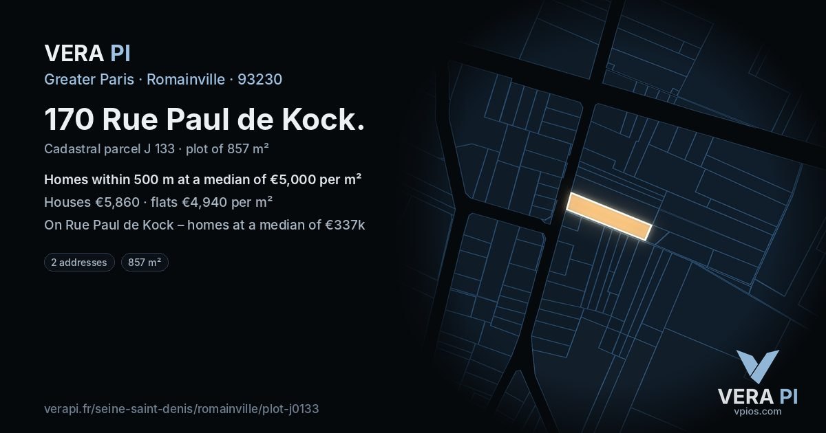 170 Rue Paul de Kock, Romainville at night – the plot lit, the parcels around coloured by the prices near them