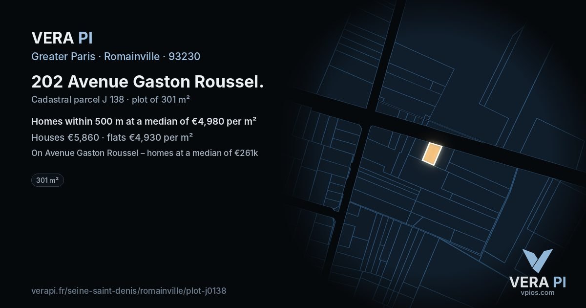 202 Avenue Gaston Roussel, Romainville at night – the plot lit, the parcels around coloured by the prices near them