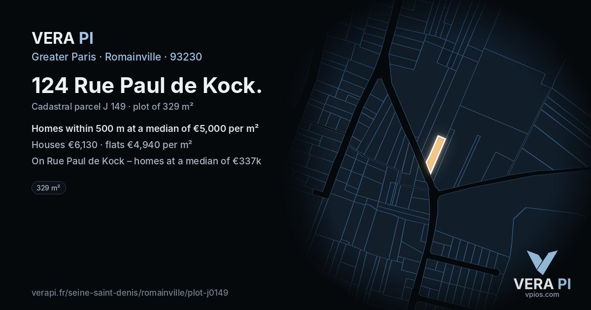 124 Rue Paul de Kock, Romainville at night – the plot lit, the parcels around coloured by the prices near them