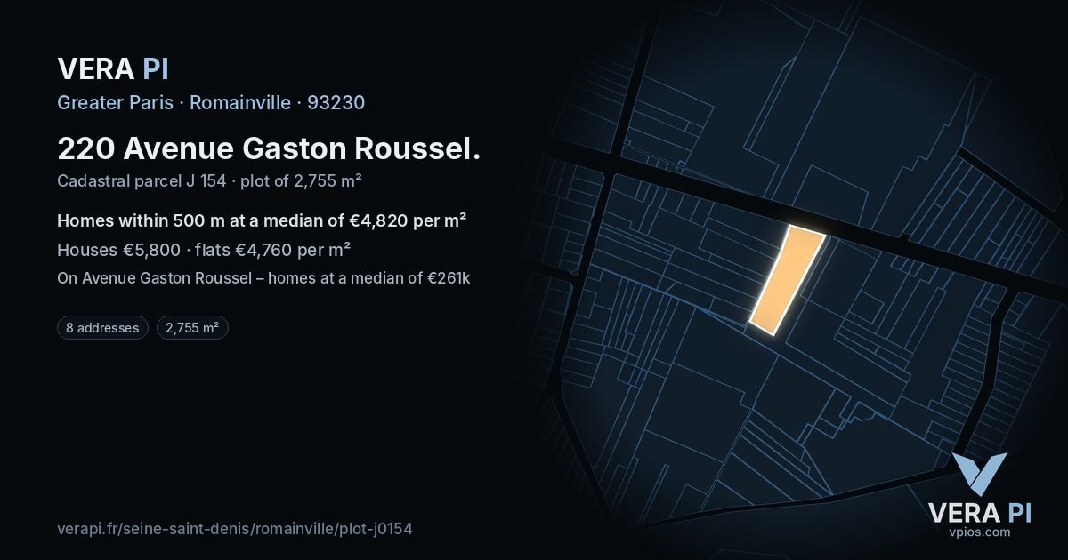 220 Avenue Gaston Roussel, Romainville at night – the plot lit, the parcels around coloured by the prices near them