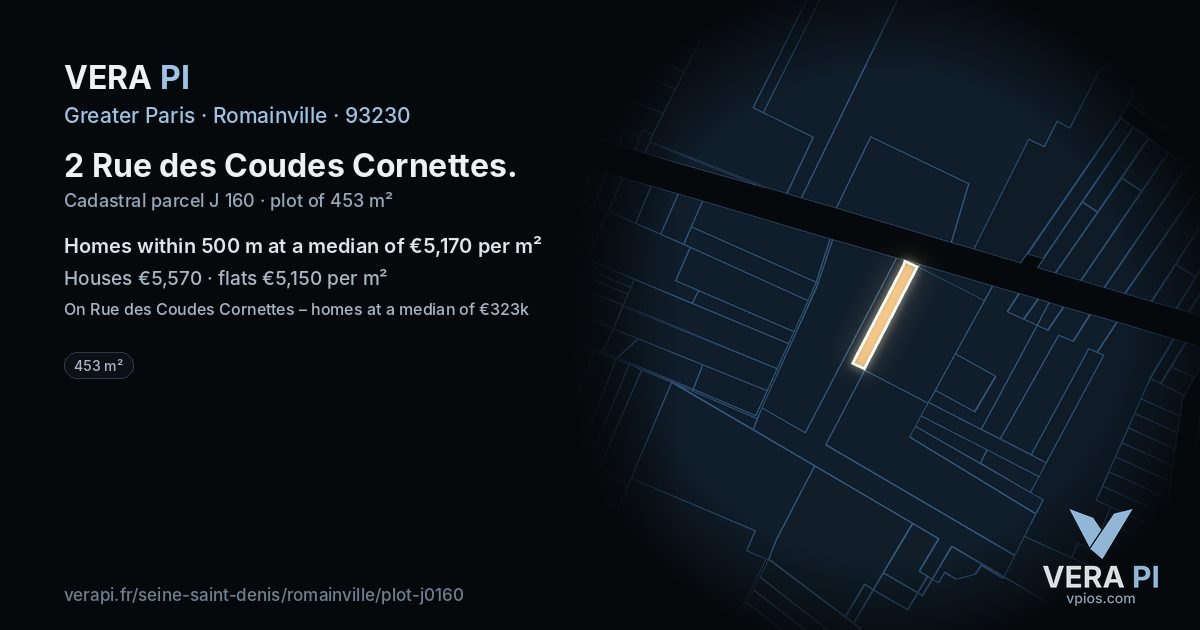 2 Rue des Coudes Cornettes, Romainville at night – the plot lit, the parcels around coloured by the prices near them