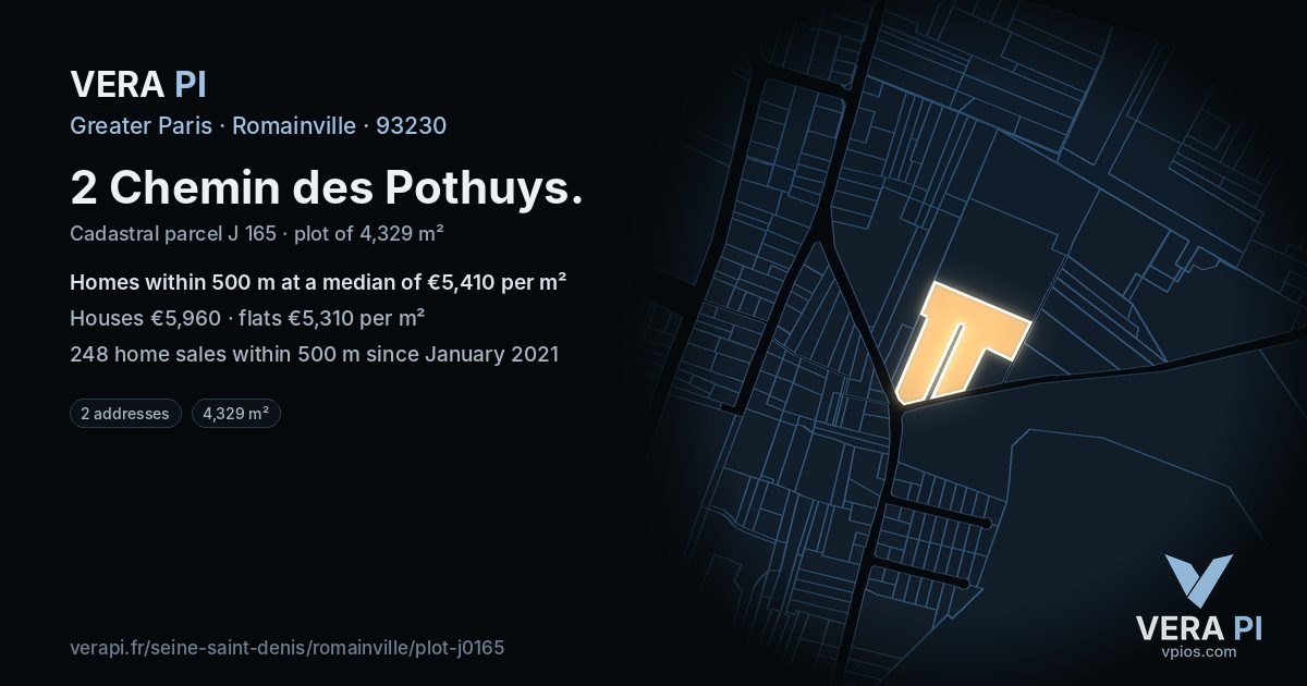 2 Chemin des Pothuys, Romainville at night – the plot lit, the parcels around coloured by the prices near them