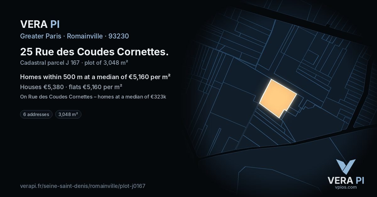 25 Rue des Coudes Cornettes, Romainville at night – the plot lit, the parcels around coloured by the prices near them