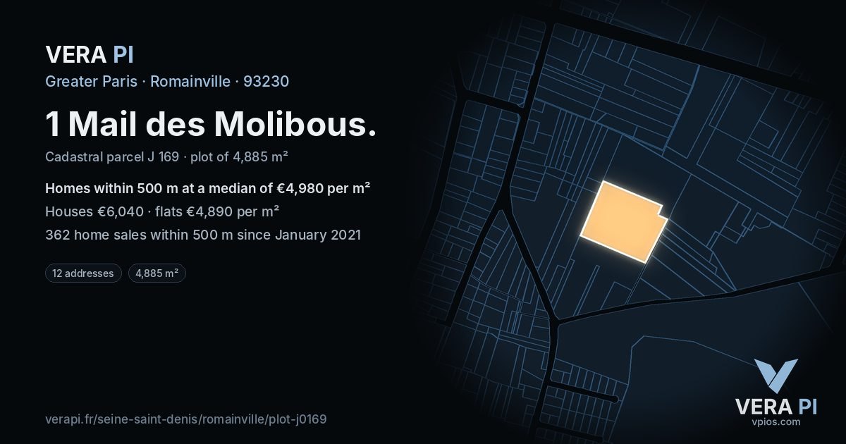 1 Mail des Molibous, Romainville at night – the plot lit, the parcels around coloured by the prices near them