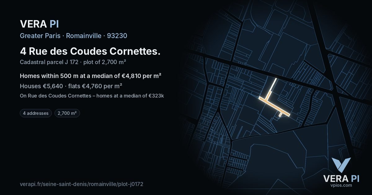 4 Rue des Coudes Cornettes, Romainville at night – the plot lit, the parcels around coloured by the prices near them