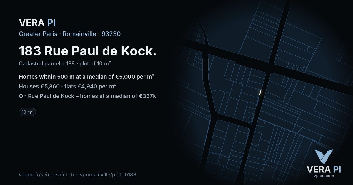 183 Rue Paul de Kock, Romainville at night – the plot lit, the parcels around coloured by the prices near them