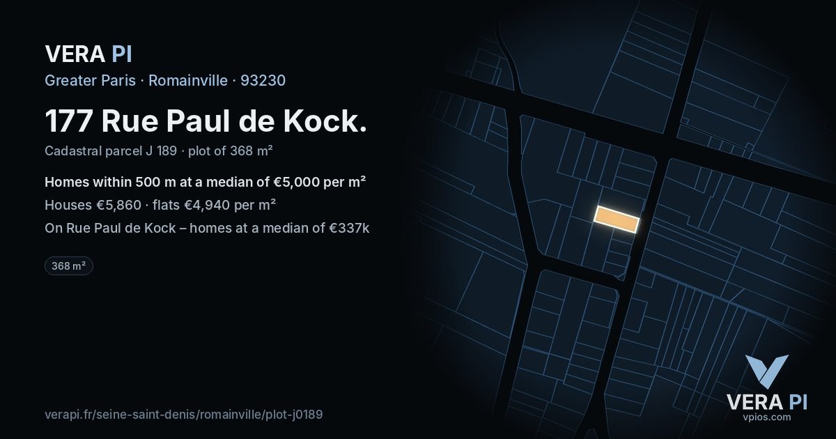 177 Rue Paul de Kock, Romainville at night – the plot lit, the parcels around coloured by the prices near them