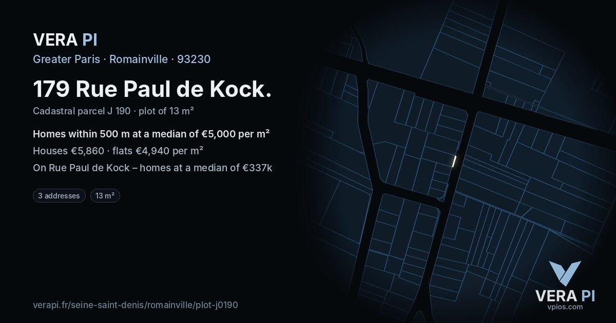 179 Rue Paul de Kock, Romainville at night – the plot lit, the parcels around coloured by the prices near them