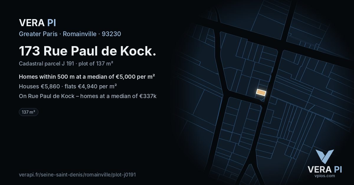 173 Rue Paul de Kock, Romainville at night – the plot lit, the parcels around coloured by the prices near them
