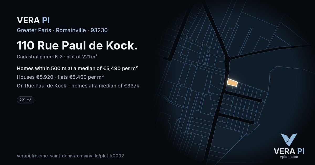 110 Rue Paul de Kock, Romainville at night – the plot lit, the parcels around coloured by the prices near them