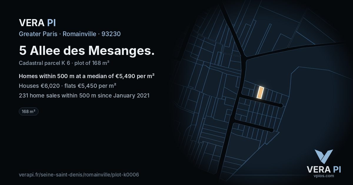 5 Allee des Mesanges, Romainville at night – the plot lit, the parcels around coloured by the prices near them