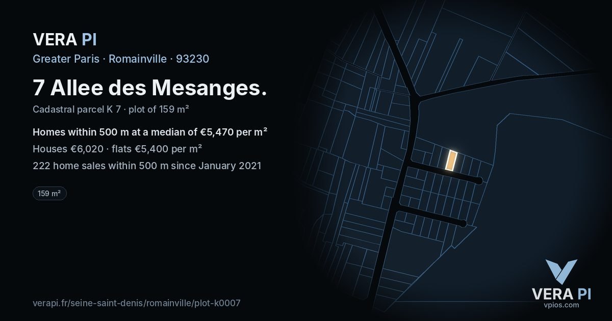 7 Allee des Mesanges, Romainville at night – the plot lit, the parcels around coloured by the prices near them