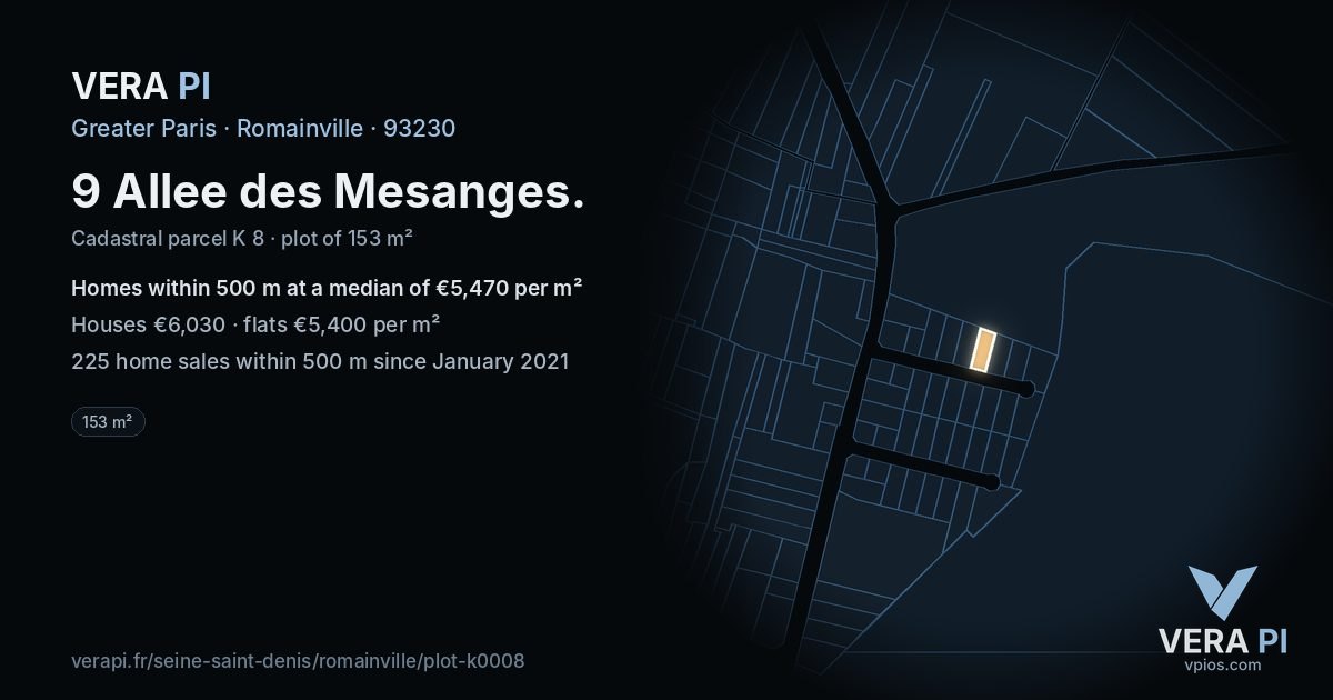 9 Allee des Mesanges, Romainville at night – the plot lit, the parcels around coloured by the prices near them