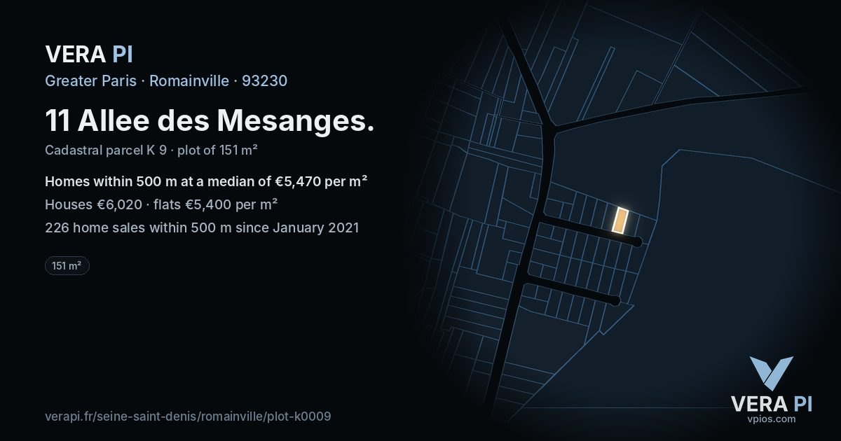 11 Allee des Mesanges, Romainville at night – the plot lit, the parcels around coloured by the prices near them