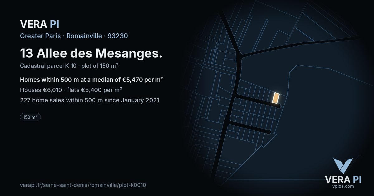 13 Allee des Mesanges, Romainville at night – the plot lit, the parcels around coloured by the prices near them