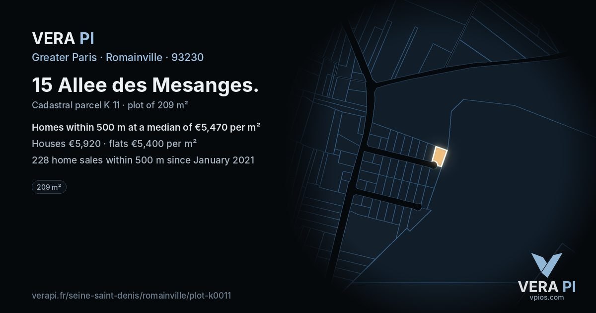 15 Allee des Mesanges, Romainville at night – the plot lit, the parcels around coloured by the prices near them