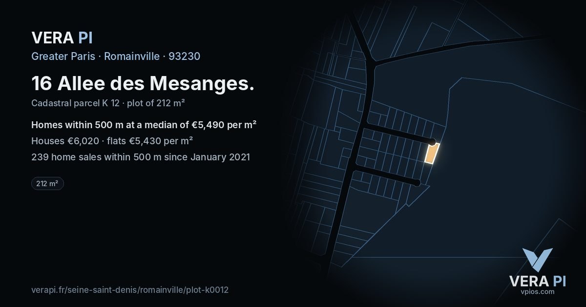 16 Allee des Mesanges, Romainville at night – the plot lit, the parcels around coloured by the prices near them