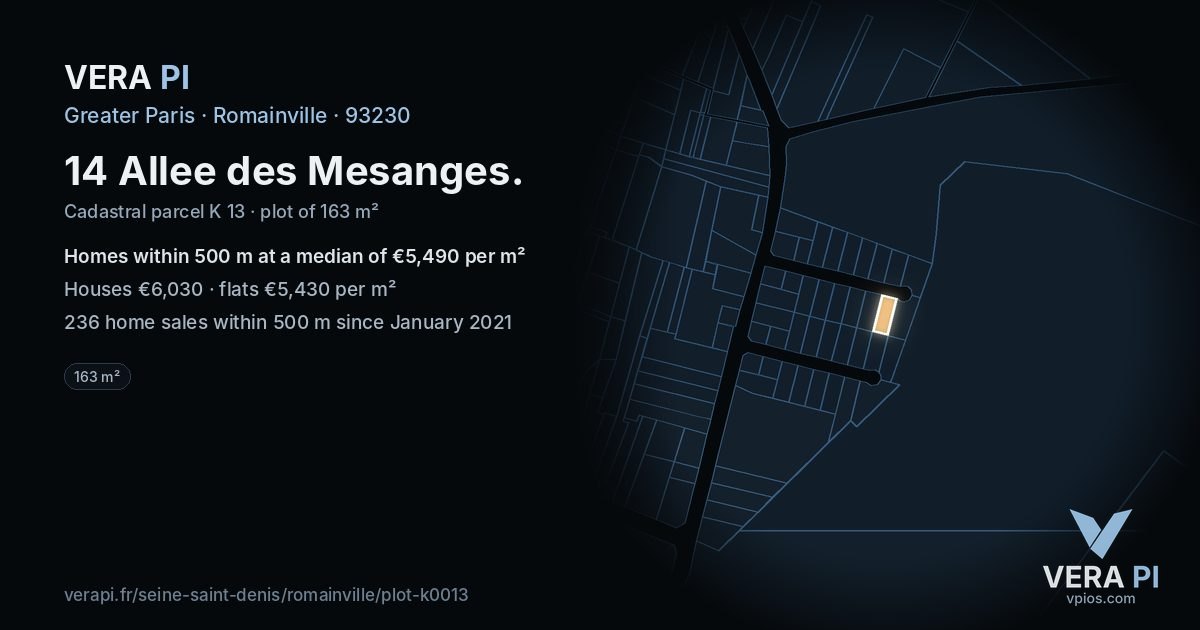 14 Allee des Mesanges, Romainville at night – the plot lit, the parcels around coloured by the prices near them