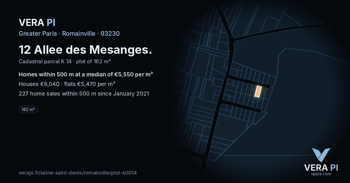 12 Allee des Mesanges, Romainville at night – the plot lit, the parcels around coloured by the prices near them