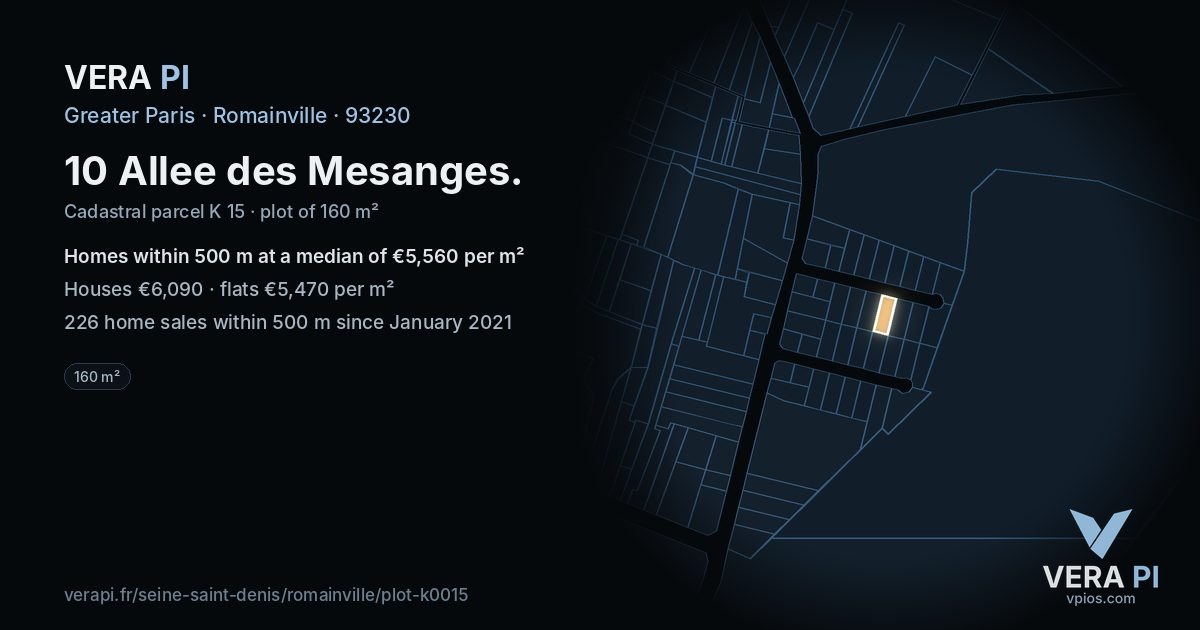 10 Allee des Mesanges, Romainville at night – the plot lit, the parcels around coloured by the prices near them