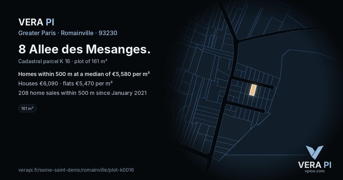 8 Allee des Mesanges, Romainville at night – the plot lit, the parcels around coloured by the prices near them