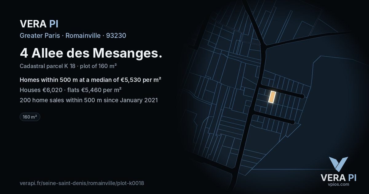 4 Allee des Mesanges, Romainville at night – the plot lit, the parcels around coloured by the prices near them