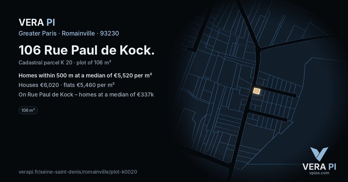 106 Rue Paul de Kock, Romainville at night – the plot lit, the parcels around coloured by the prices near them