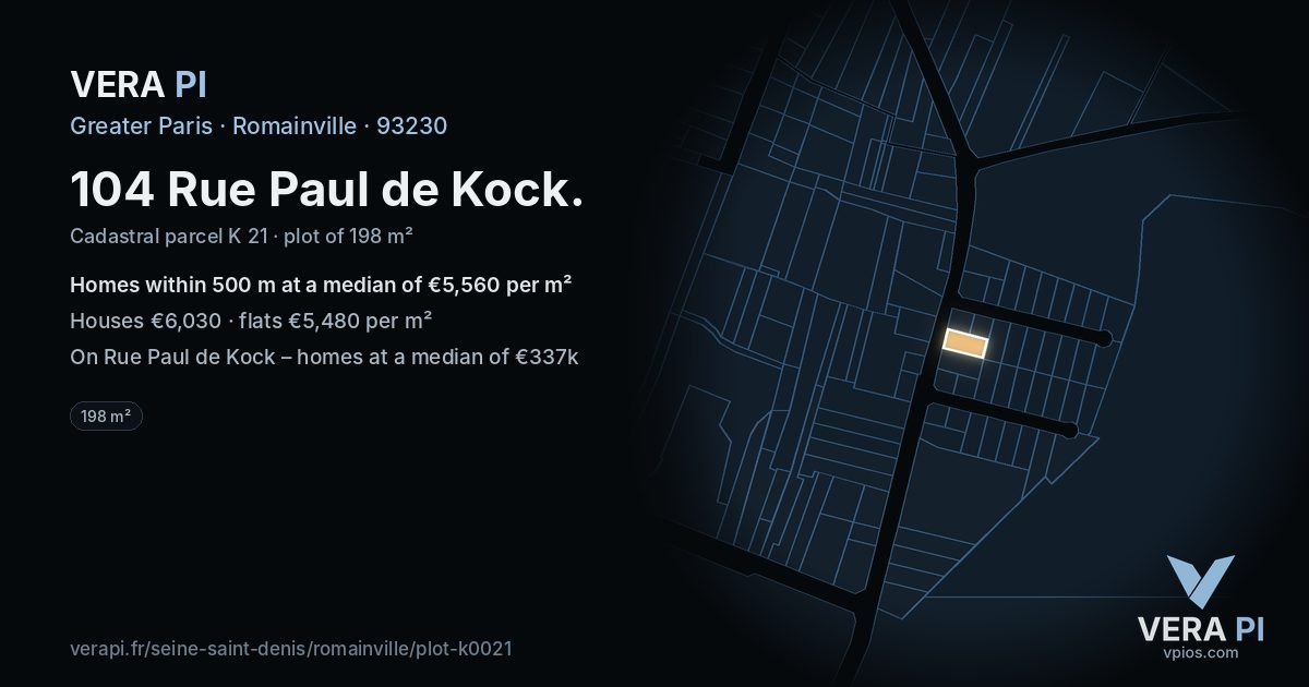 104 Rue Paul de Kock, Romainville at night – the plot lit, the parcels around coloured by the prices near them