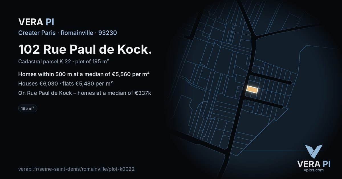102 Rue Paul de Kock, Romainville at night – the plot lit, the parcels around coloured by the prices near them