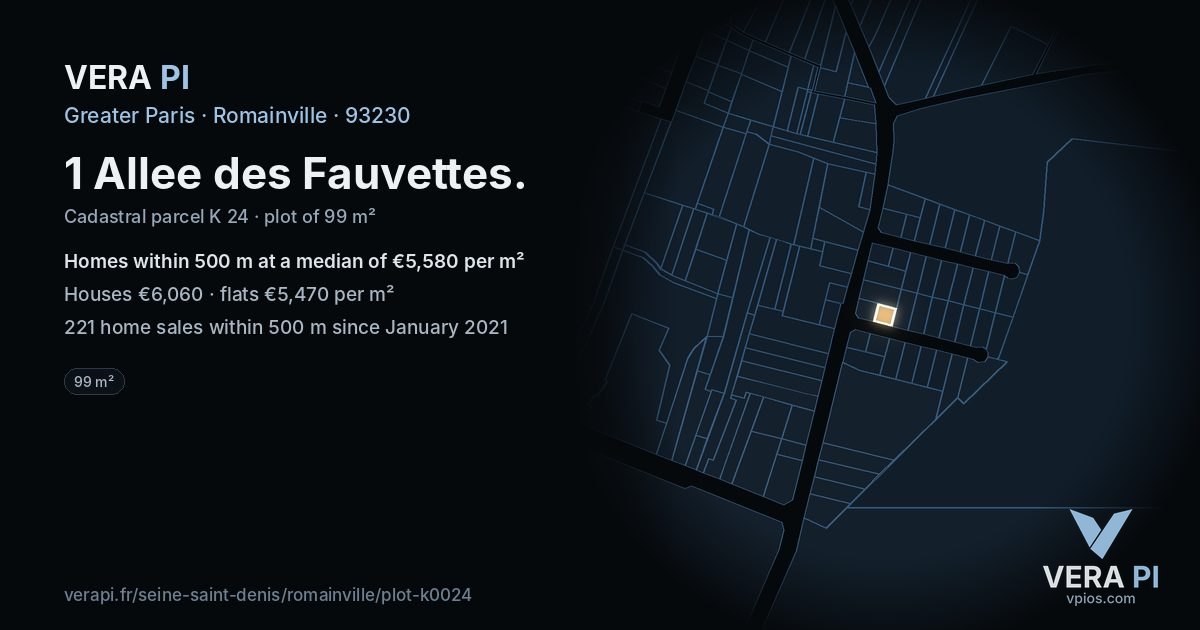 1 Allee des Fauvettes, Romainville at night – the plot lit, the parcels around coloured by the prices near them