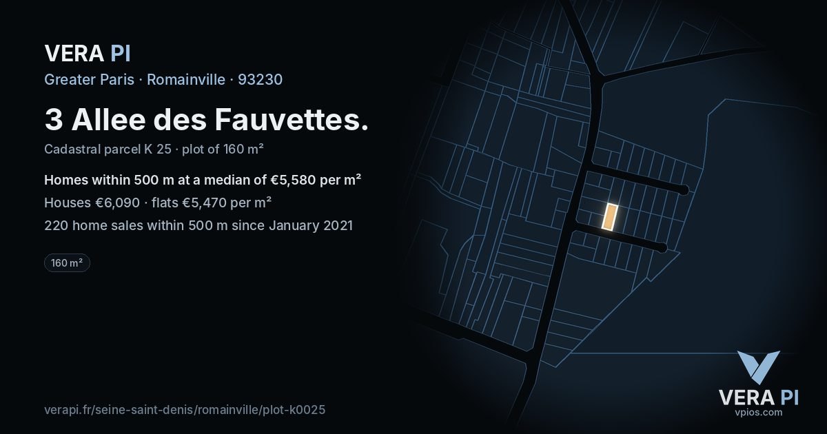 3 Allee des Fauvettes, Romainville at night – the plot lit, the parcels around coloured by the prices near them
