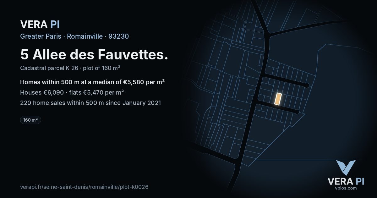 5 Allee des Fauvettes, Romainville at night – the plot lit, the parcels around coloured by the prices near them