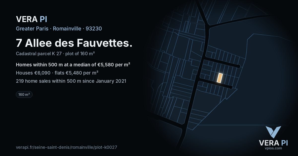 7 Allee des Fauvettes, Romainville at night – the plot lit, the parcels around coloured by the prices near them