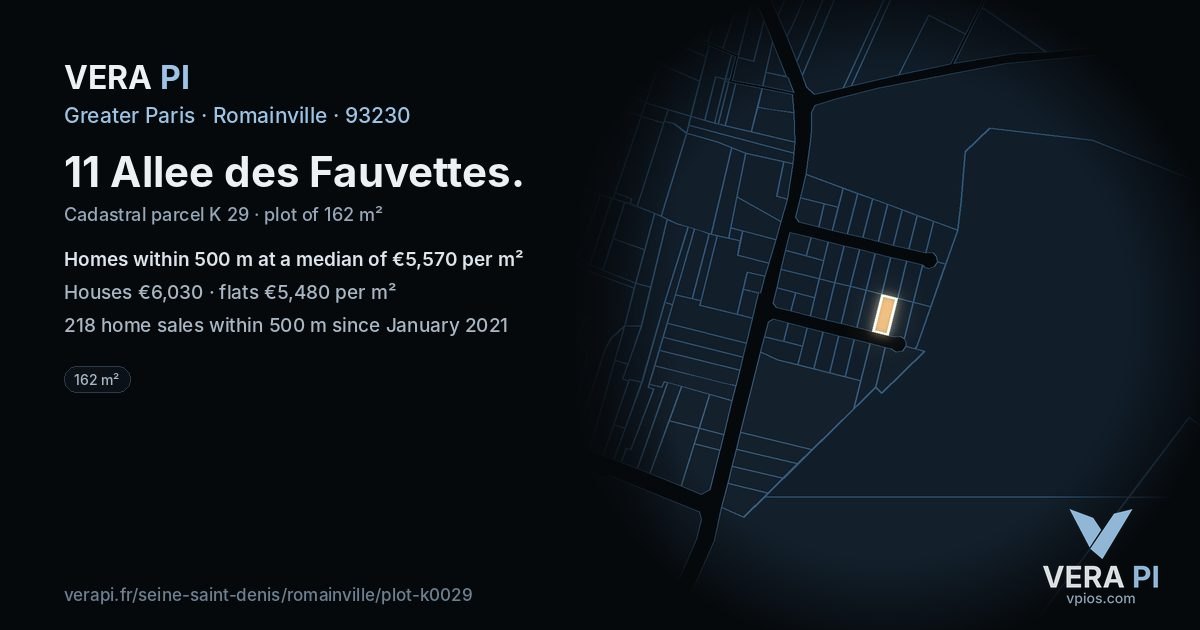 11 Allee des Fauvettes, Romainville at night – the plot lit, the parcels around coloured by the prices near them