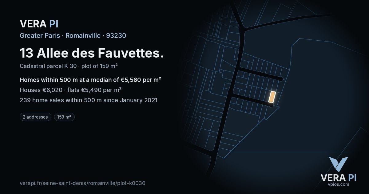 13 Allee des Fauvettes, Romainville at night – the plot lit, the parcels around coloured by the prices near them