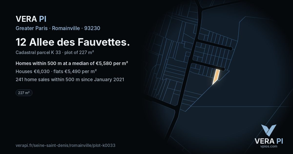 12 Allee des Fauvettes, Romainville at night – the plot lit, the parcels around coloured by the prices near them