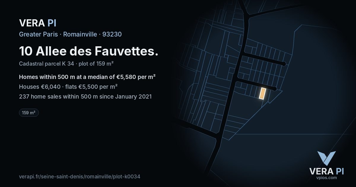 10 Allee des Fauvettes, Romainville at night – the plot lit, the parcels around coloured by the prices near them
